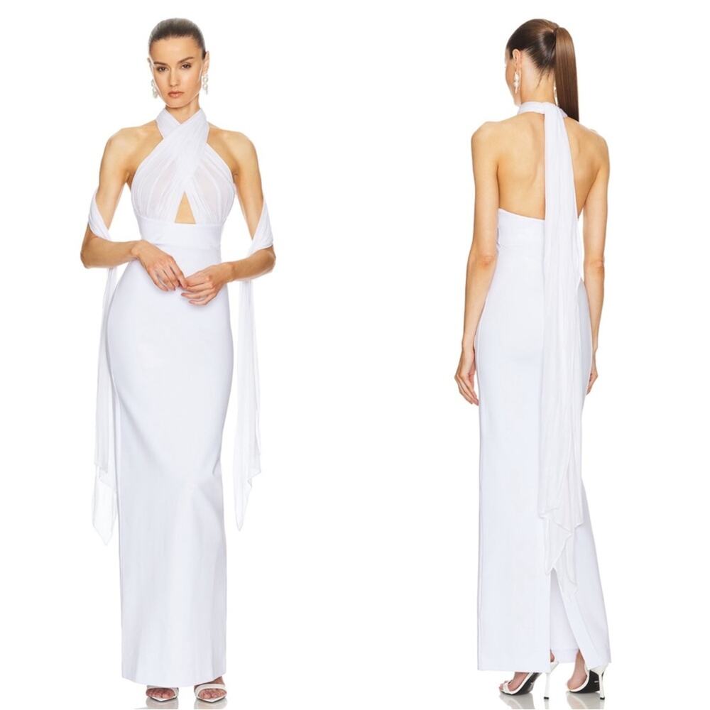 HELSA Amber Sheer Mesh Halterneck Tie Bodycon White Maxi Dress Size Medium